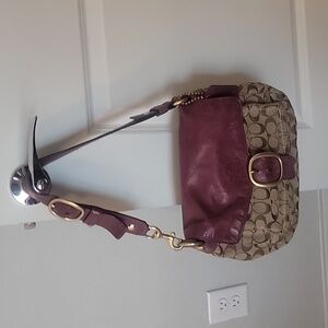 Coach Used Brown Fabric and Plum Leather Purse with Matching Wallet